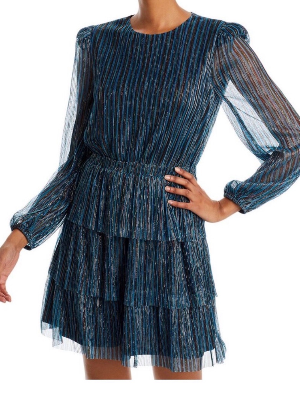 Aqua Blue Metallic Stripe Tiered Long-Sleeve Dress